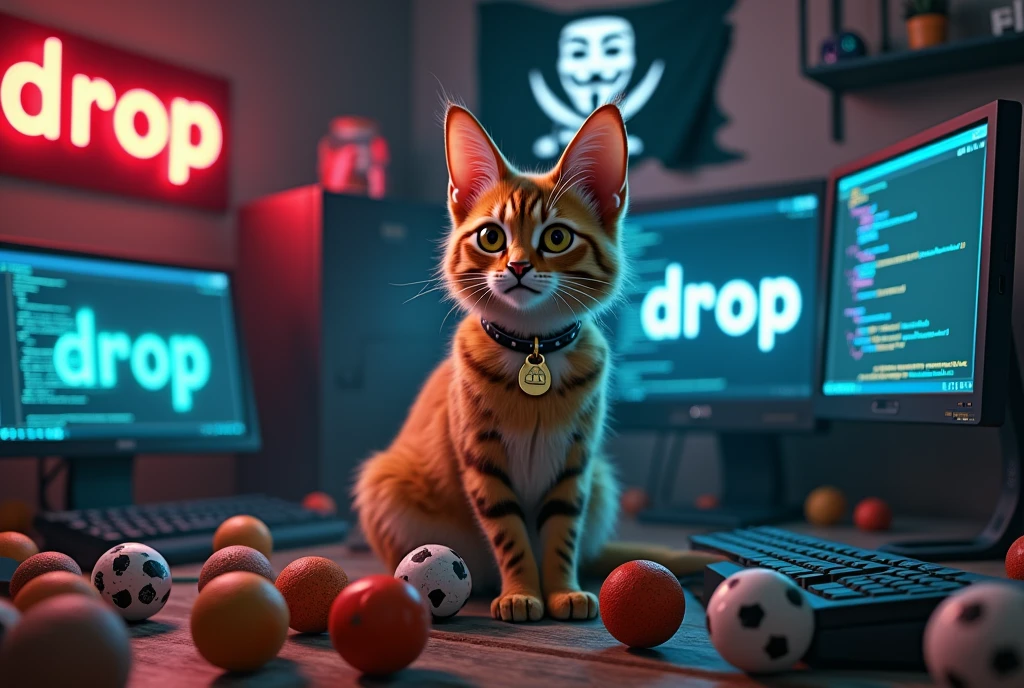 (very realistic male cat, serval cat, long hair at the tip of his ears, piercing yellow brown eyes), (((looks real))), sat among a lot of different sizes of plastic cat balls, in a room full of computers and computer parts, screens and keyboards, box of used keyboards, it is written " DROP " in pixel onto some screens , there's a pirate jolly roger with the anonymous "guy fawkes"'s mask instead of the skull on some other screens, there's a glowing neon on the wall that spells " D R O P " , cat has " DROP " written on a small golden plate attached to his collar, place looks cozy, there's a plastic anonymous mask among the plastic cat balls, there's realistic cat ball all over the place