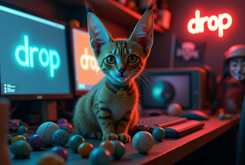 (very realistic male cat, serval cat, long hair at the tip of his ears, piercing yellow brown eyes), (((looks real))), sat among a lot of different sizes of plastic cat balls, in a room full of computers and computer parts, screens and keyboards, box of used keyboards, it is written " DROP " in pixel onto some screens ,  there's a pirate jolly roger with the anonymous "guy fawkes"'s mask instead of the skull on some other screens, there's a glowing neon on the wall that spells " D R O P " , cat has " DROP " written on a small golden plate attached to his collar, place looks cozy, there's a plastic anonymous mask among the plastic cat balls, there's realistic cat ball all over the place