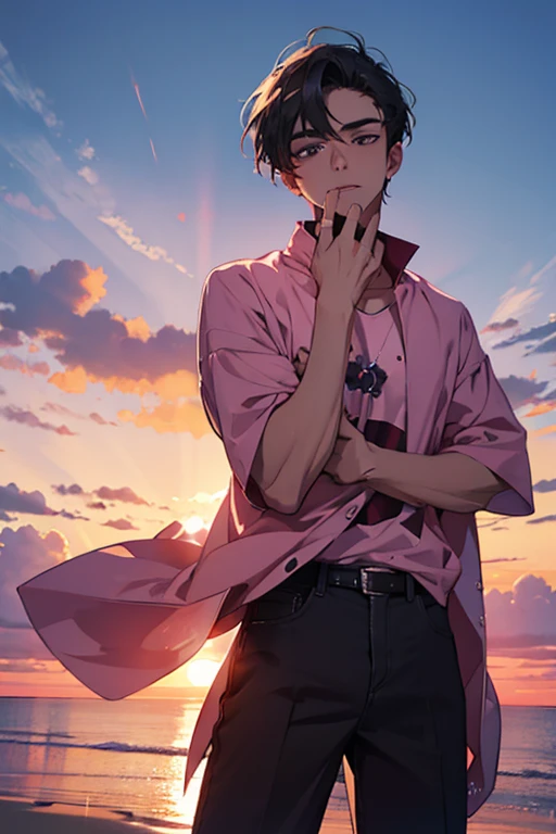 1 man, 20years old man, one arm by mouth, crystal, diamond, sunset, pink, cowboy shot, from bottom