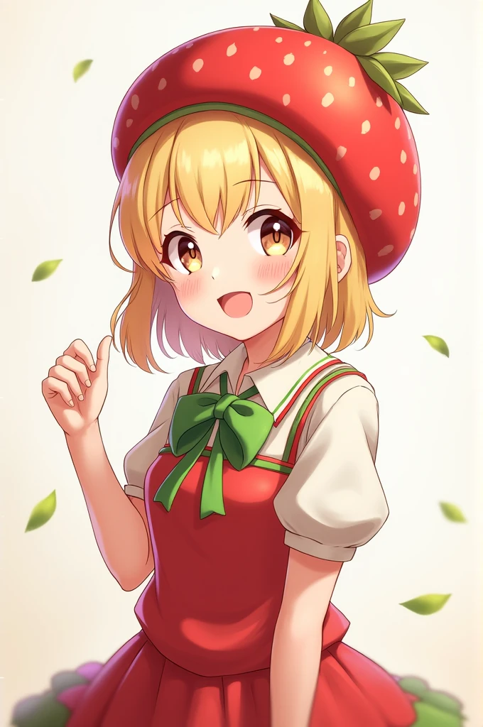 IA girl with straight blonde hair smiling wearing a strawberry hat wearing strawberry clothes wearing a red and green skirt like a strawberry