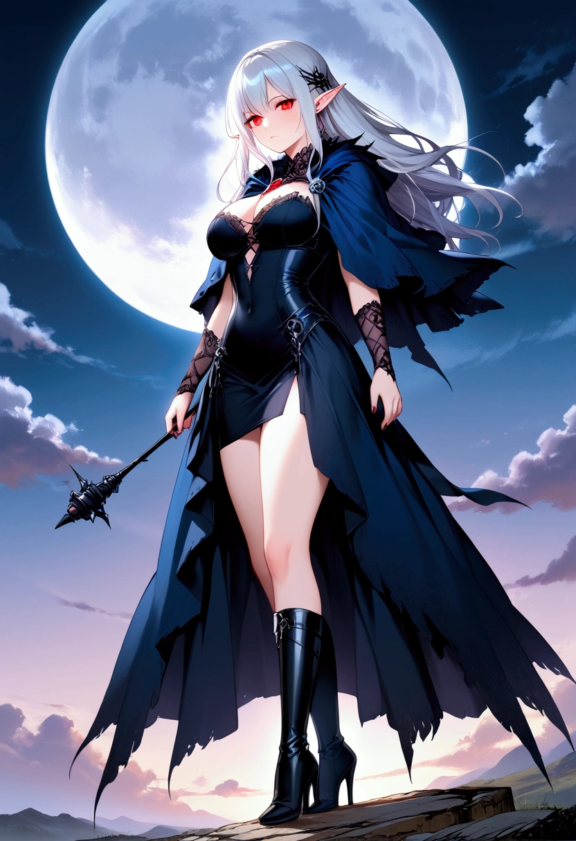 anime comic illustration fantasy art, gothic art, portrait of a female vampire elf, casting dark spell, with a long curvy hair, light color hair, red eyes, busty, Ultra Detailed Face, small pointed ears, blue cloak,  flowing cloak, wearing an intricate black leather dress,  high heeled boots, fantasy urban background, fantasy, at night light, natural ,moon light, clouds, gothic atmosphere, soft light, dynamic light,  high details, best quality, 32k, [ultra detailed], masterpiece, best quality, (extremely detailed), dynamic angle, oil pastel