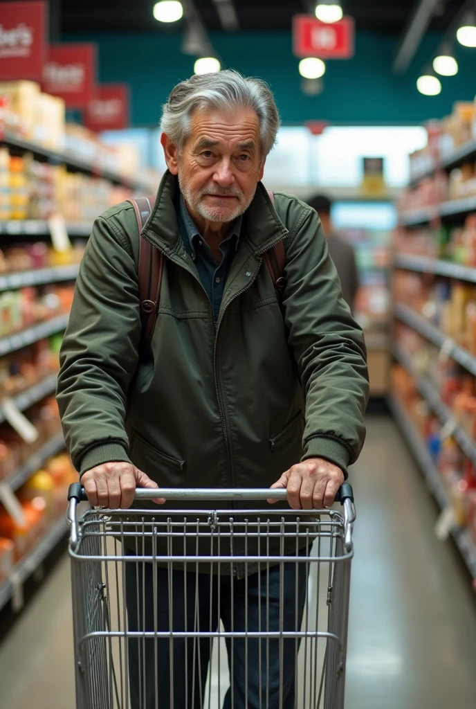 A 60-year-old man pushing a cart in a supermarket