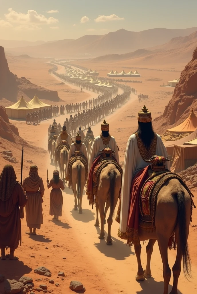Create a realistic and detailed image of Queen Makeda, the Queen of Sheba, traveling with her grand caravan. The scene should depict a large caravan of camels and donkeys carrying goods, supplies, and gifts. The Queen is surrounded by royal guards, servants, and attendants. Musicians and entertainers are also part of the entourage, providing music and performances. Luxurious tents are set up at a rest stop, with rich fabrics and comfortable furnishings. The landscape should reflect the arid regions of ancient Arabia and Africa, with a backdrop of desert and distant towns, her outfit should white brownish cotton dress.