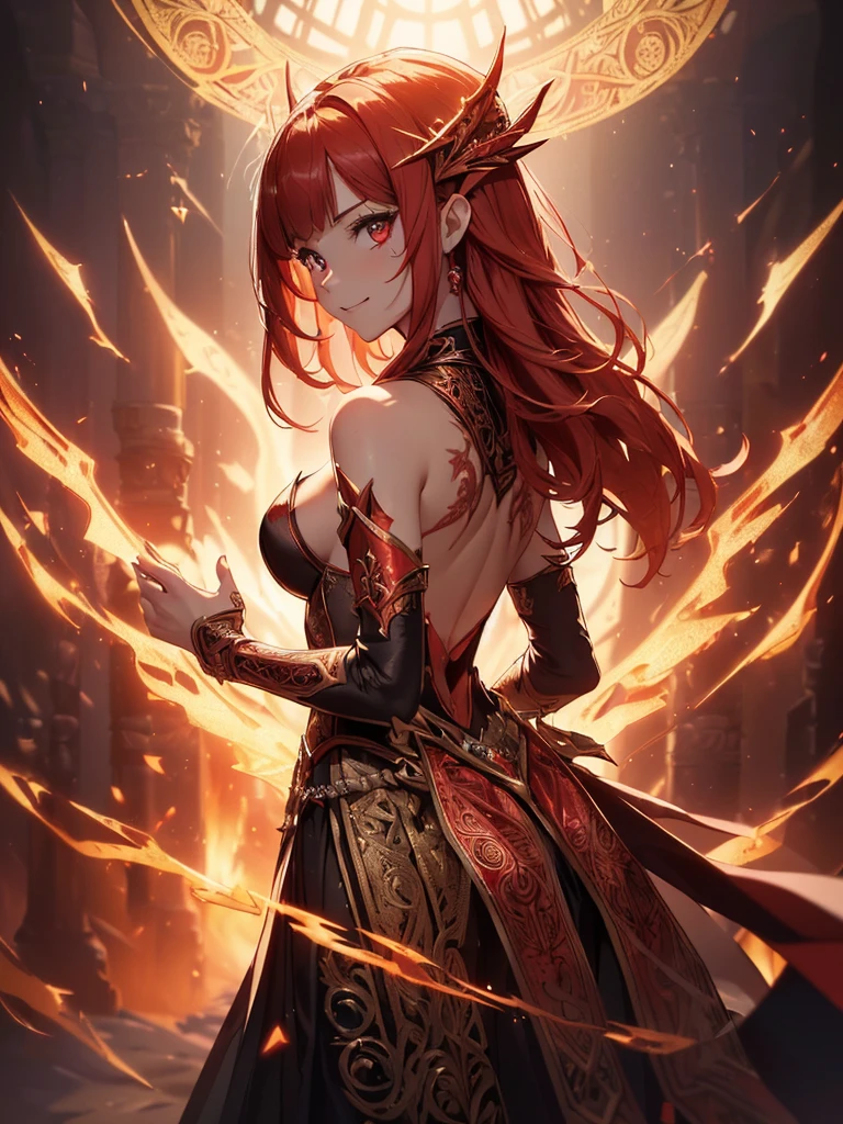 (((best quality, sharp image, clear image, cinematic lighting, 8k resolution, masterpiece, ultra detailed, intricate))) Girl, sorcerer, cute, intricate dress, smiling, fiery red, ((intricate background)), (rune frame), dimension, ((shot from behind)), fire sigils, chaotic background, ((half-body shot))