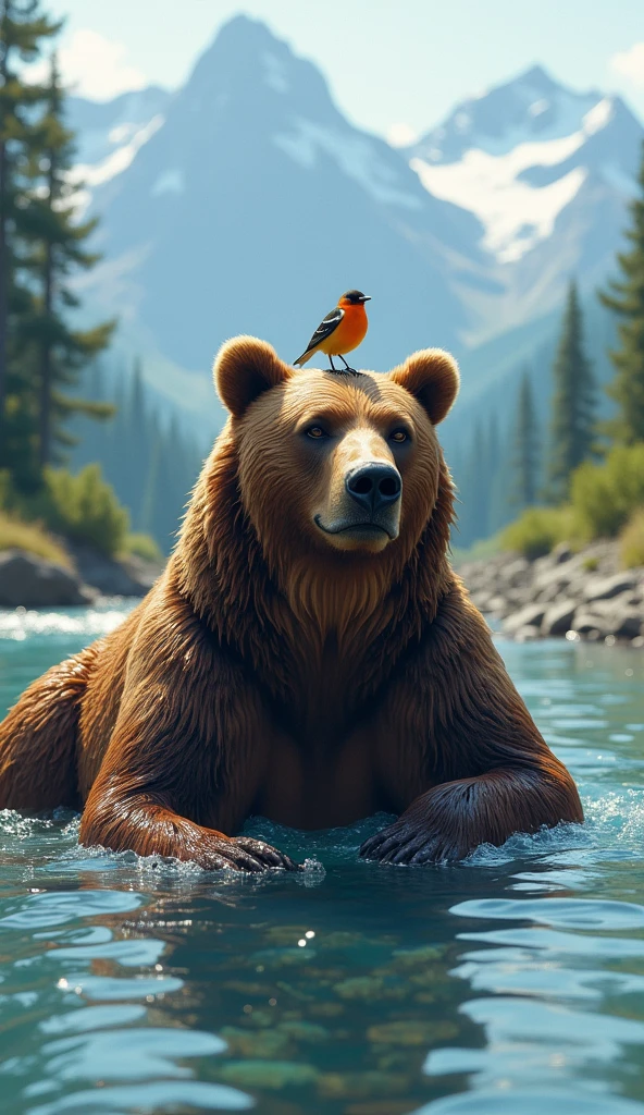 A big brown bear is sitting and bathing in a deep river in the wild summer wilderness, a cute and charming bird perched on its head, very beautiful and sparkling water on the surface, Crystal clear water, gravel on the bottom of the river, Beautiful alpine mountains in the distance, realistic photo