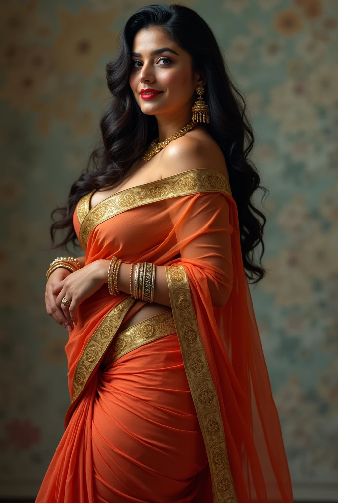 British girlfriend showing her glamorous body thick thighs and pink nice curvy big boobs detailed facial function wearing saree