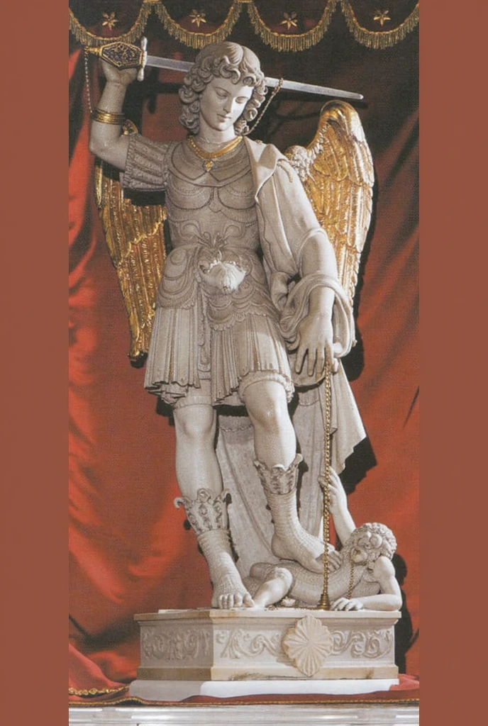 Claro, posso te ajudar com isso. Aqui está uma descrição detalhada da imagem de São Miguel Arcanjo em inglês, com foco em elementos visuais e simbólicos:
**A detailed description of the image in English:**
The image depicts Saint Michael the Archangel, a prominent figure in Christian art. He is portrayed as a warrior angel, standing tall and imposing against a rich red backdrop. The statue is carved from white marble, lending it a sense of purity and strength.
* **Pose and Stance:** Saint Michael stands with his left foot firmly planted on a defeated serpent, symbolizing his triumph over evil. His right leg is slightly bent, and he holds a sword aloft in his right hand. This pose conveys both power and authority.
* **Attire:** The Archangel is dressed in a classic armor, consisting of a breastplate, a short skirt, and greaves. His armor is adorned with intricate details, suggesting his divine status. Over the armor, he wears a flowing cloak, which adds a sense of movement and dynamism to the statue.
* **Facial Features:** Saint Michael's face is serene and determined, reflecting his role as a protector. His eyes are wide open, and his gaze is fixed on the defeated serpent. His hair is long and curly, often a characteristic feature of angelic depictions.
* **Wings:** The angel's wings are large and feathered, extending out from his back. They are often depicted as golden or white, symbolizing purity and divine power. In this particular image, the wings are detailed with intricate patterns, adding to the overall sense of grandeur.
* **Symbolism:** The serpent beneath Saint Michael's feet represents Satan, the embodiment of evil. By trampling on the serpent, the Archangel demonstrates his victory over sin and darkness. The sword he holds is a symbol of divine justice and his role as a warrior for God.
**Overall Impression:**
The statue of Saint Michael the Archangel is a powerful and evocative work of art. The artist has successfully captured the Archangel's streng