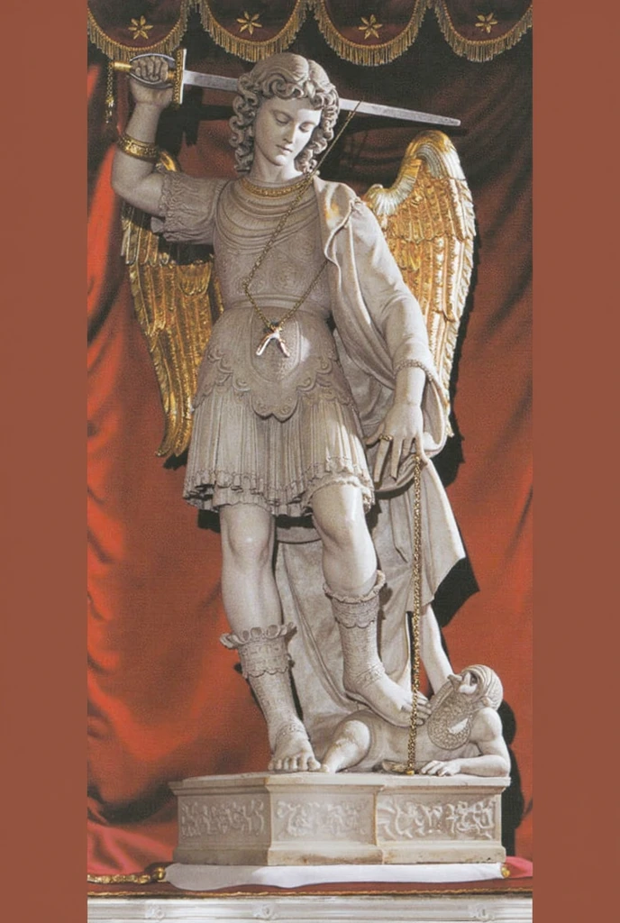 Claro, posso te ajudar com isso. Aqui está uma descrição detalhada da imagem de São Miguel Arcanjo em inglês, com foco em elementos visuais e simbólicos:

**A detailed description of the image in English:**

The image depicts Saint Michael the Archangel, a prominent figure in Christian art. He is portrayed as a warrior angel, standing tall and imposing against a rich red backdrop. The statue is carved from white marble, lending it a sense of purity and strength.

* **Pose and Stance:** Saint Michael stands with his left foot firmly planted on a defeated serpent, symbolizing his triumph over evil. His right leg is slightly bent, and he holds a sword aloft in his right hand. This pose conveys both power and authority.
* **Attire:** The Archangel is dressed in a classic armor, consisting of a breastplate, a short skirt, and greaves. His armor is adorned with intricate details, suggesting his divine status. Over the armor, he wears a flowing cloak, which adds a sense of movement and dynamism to the statue.
* **Facial Features:** Saint Michael's face is serene and determined, reflecting his role as a protector. His eyes are wide open, and his gaze is fixed on the defeated serpent. His hair is long and curly, often a characteristic feature of angelic depictions.
* **Wings:** The angel's wings are large and feathered, extending out from his back. They are often depicted as golden or white, symbolizing purity and divine power. In this particular image, the wings are detailed with intricate patterns, adding to the overall sense of grandeur.
* **Symbolism:** The serpent beneath Saint Michael's feet represents Satan, the embodiment of evil. By trampling on the serpent, the Archangel demonstrates his victory over sin and darkness. The sword he holds is a symbol of divine justice and his role as a warrior for God.

**Overall Impression:**
The statue of Saint Michael the Archangel is a powerful and evocative work of art. The artist has successfully captured the Archangel's streng