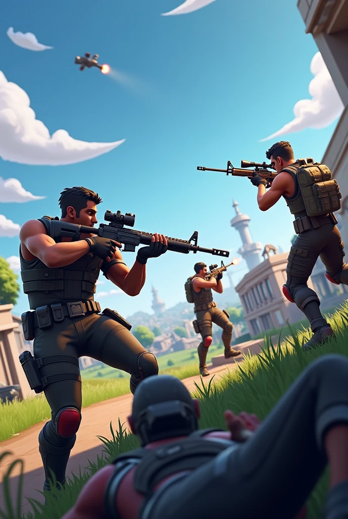 Generate a squad image in fortnite, um com uma sniper, a player holding the buildings, a player with an AR in his hand and another player down