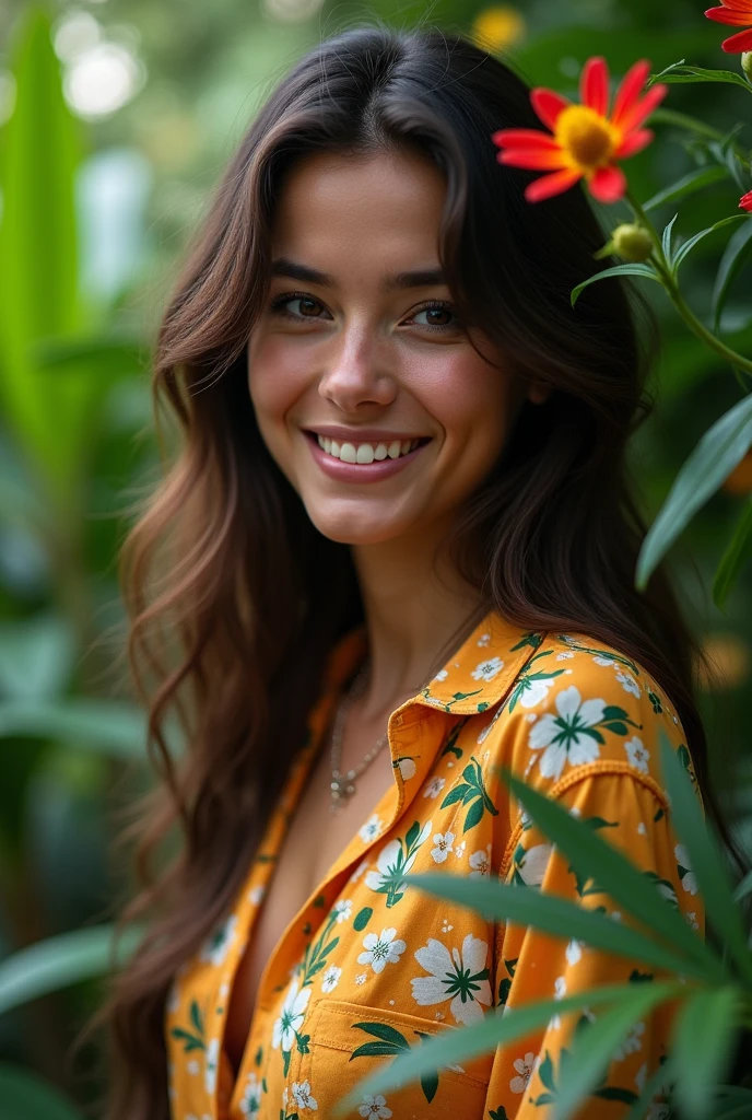A Brazilian woman in a lush tropical garden, wearing an open shirt with a floral print, with a close-up capturing the harmonious beauty between her breasts and the natural flowers, showing off your natural charm and outgoing personality.