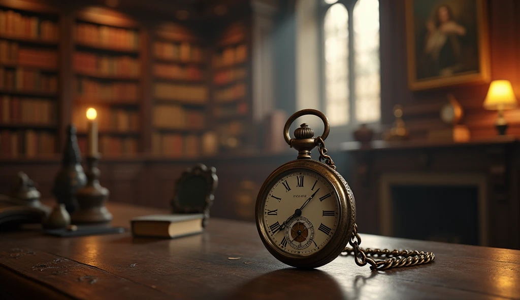 Old vintage pocket watch, dramatic scene, backlit led, bokeh f2.8, on the table, in the background the old castle library, in the background of the castle chamber