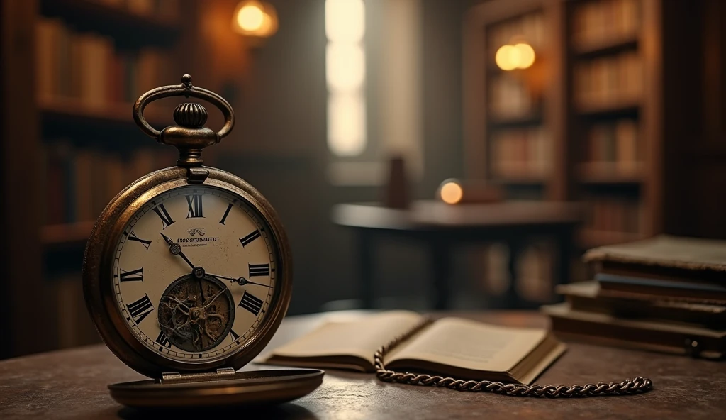 
Old vintage pocket watch, dramatic scene, backlit led, bokeh f2.8, on the table, in the background the old castle library, in the background of the castle chamber