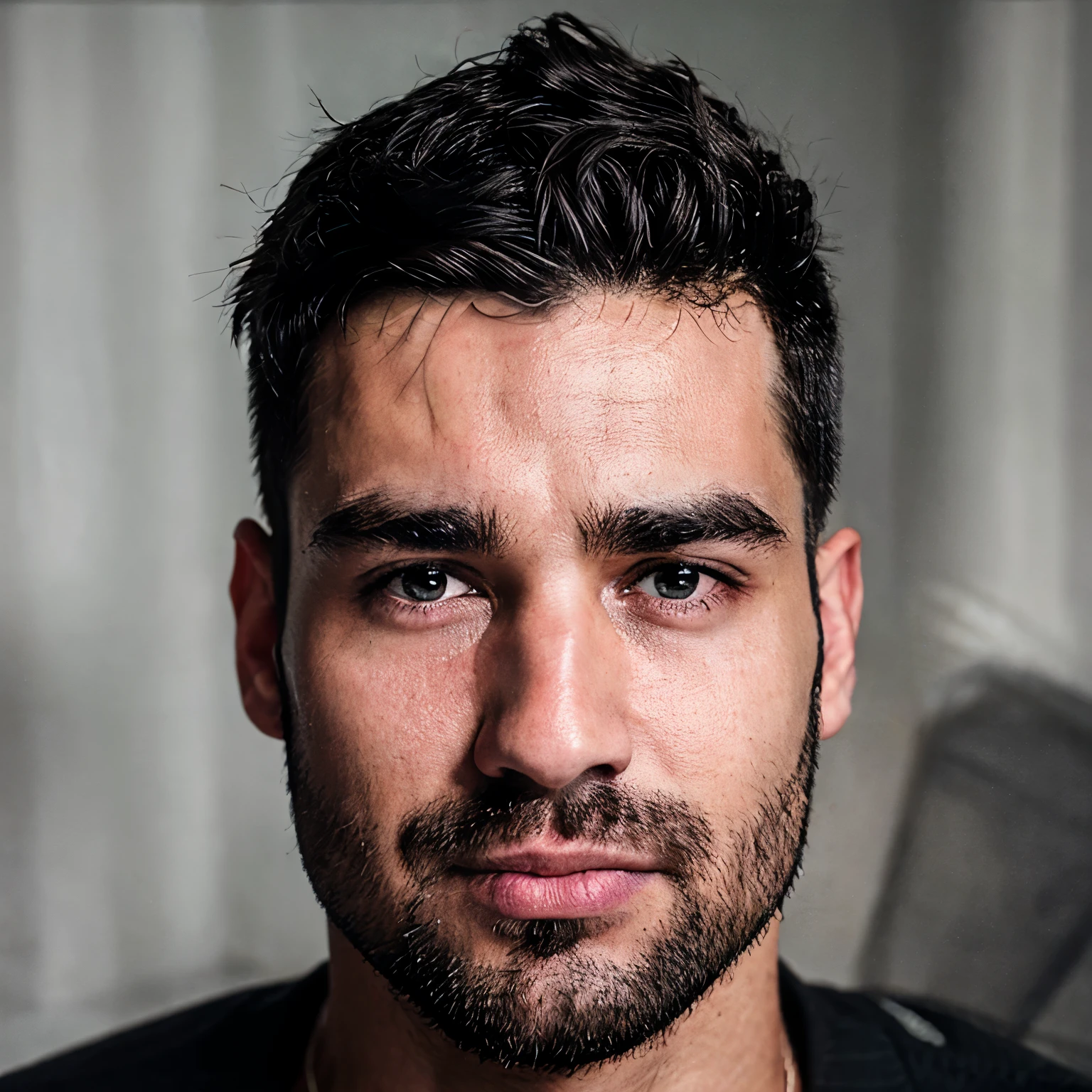Create an ultra-realistic image of a man around 2, staring at the screen with an intense and thoughtful expression. The image should focus on facial details, including clear, bright eyes, a subtle smile, and well-defined facial features. The man has fair skin, short black hair, and a clean-shaven look. Every detail, from the texture of his skin to the light reflections in his eyes, should be crisp and lifelike. The background should be out of focus, enhancing the realism of his face and expression.