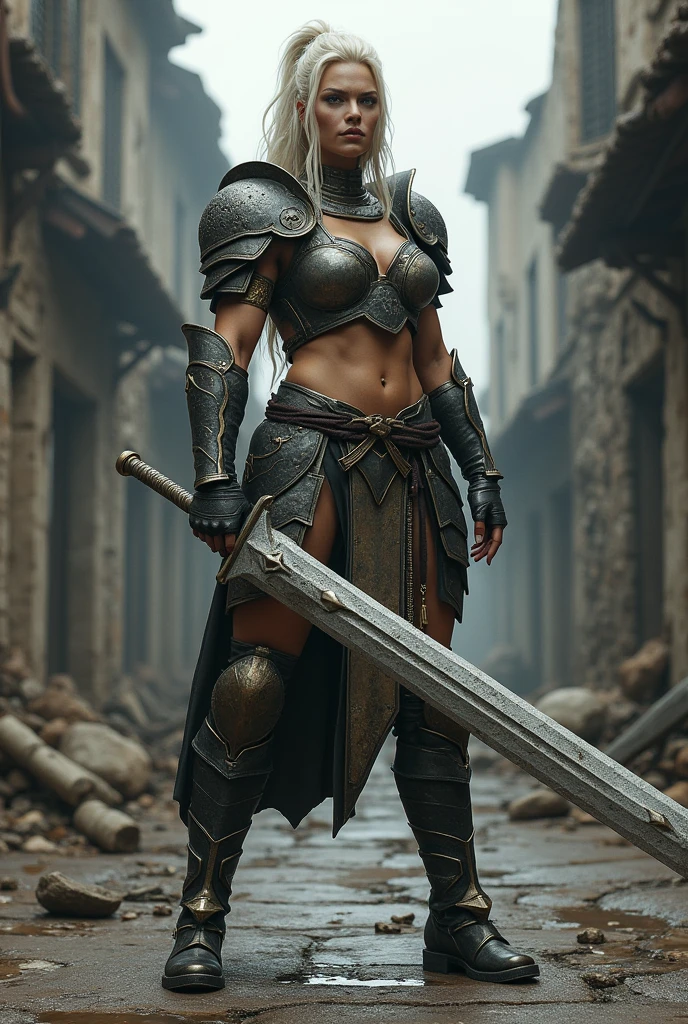 giant woman with battle sword in hand in a ancient street, low angle,Panty shot、Woman warrior、Leg spread
