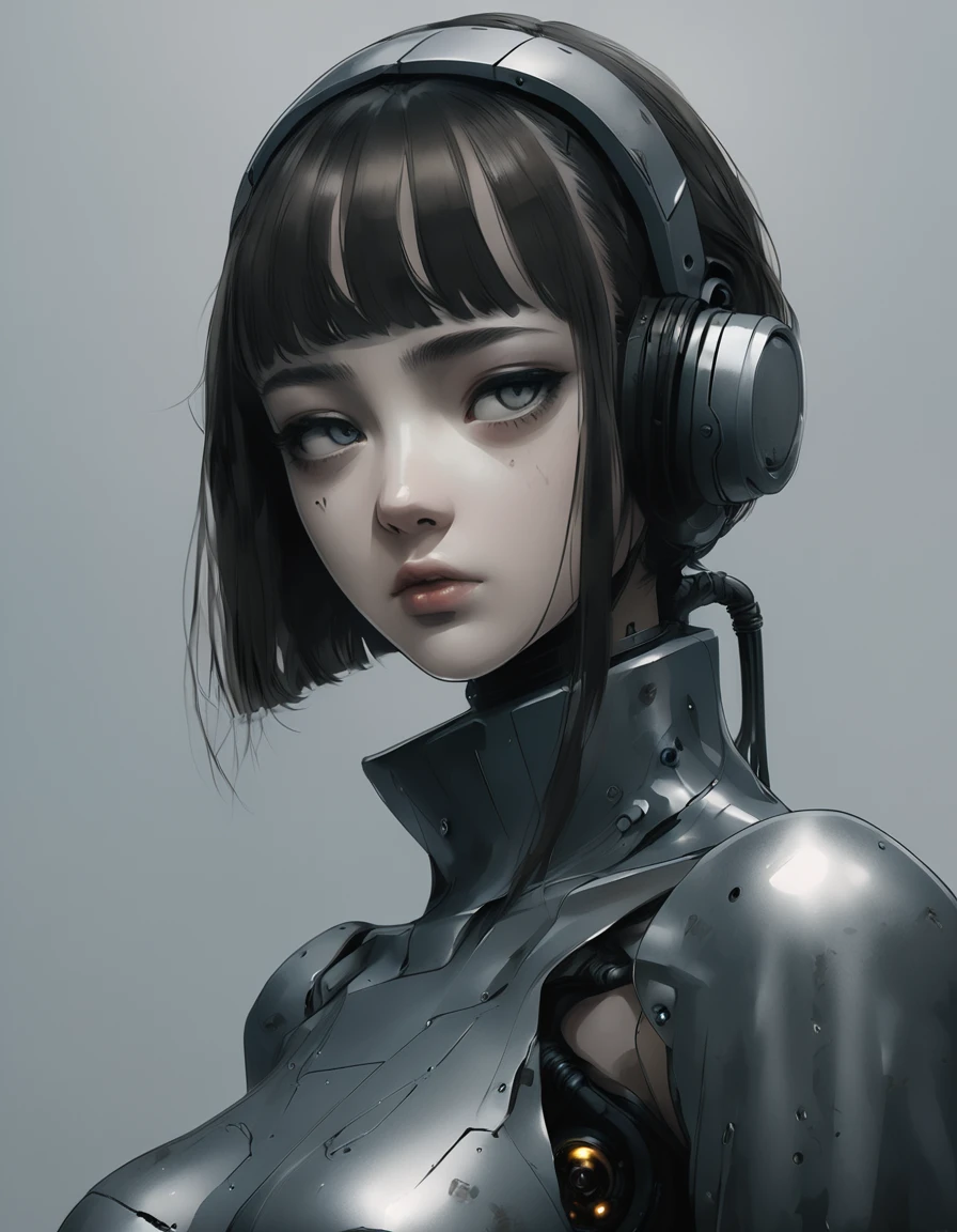 An android girl, a robot girl, her body parts are robotic, only her face looks like a human, the rest of her body is pieces of rusty, dented metal, an atmosphere of hopelessness emanates, a foggy screen, her face does not express anything, only an exorbitant emptiness - the one on  what a robot is capable of, gray tones, the atmosphere of the movie "Blade Runner 2049", looking down at us, bottom angle, [full body], anime style, full body, we can see the whole body