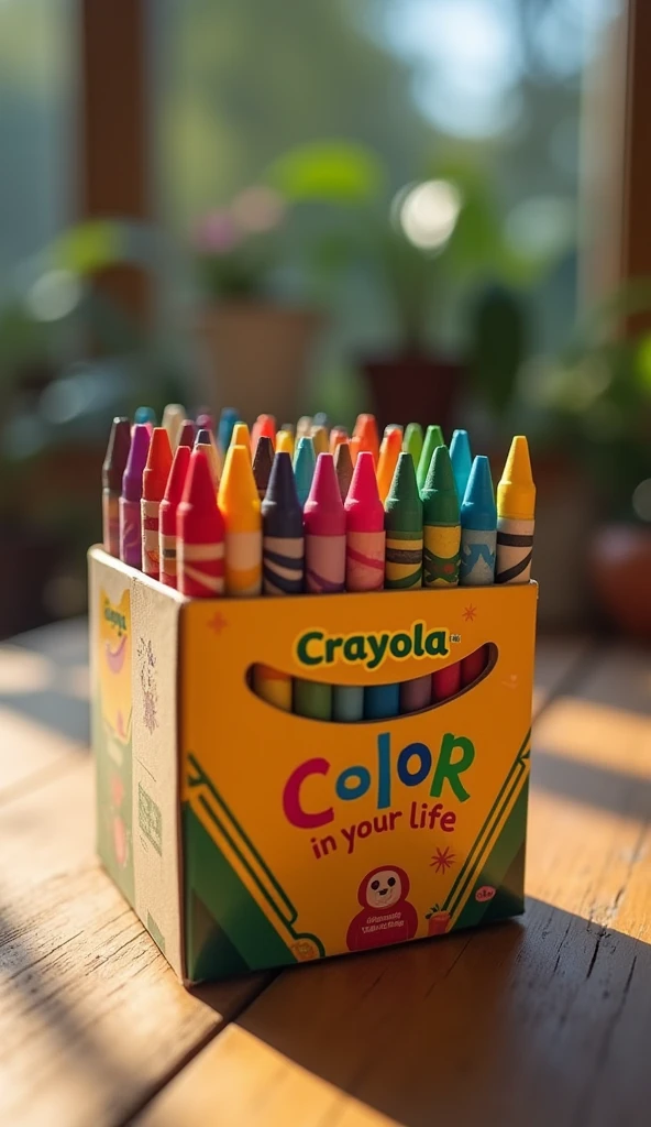 On a box of crayons it says "These crayons have the power to bring color to your life." on a wooden table.