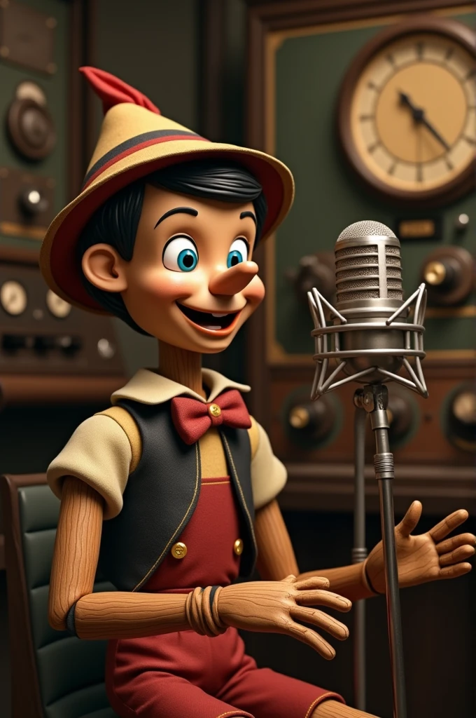 Pinocchio giving an interview on the radio 