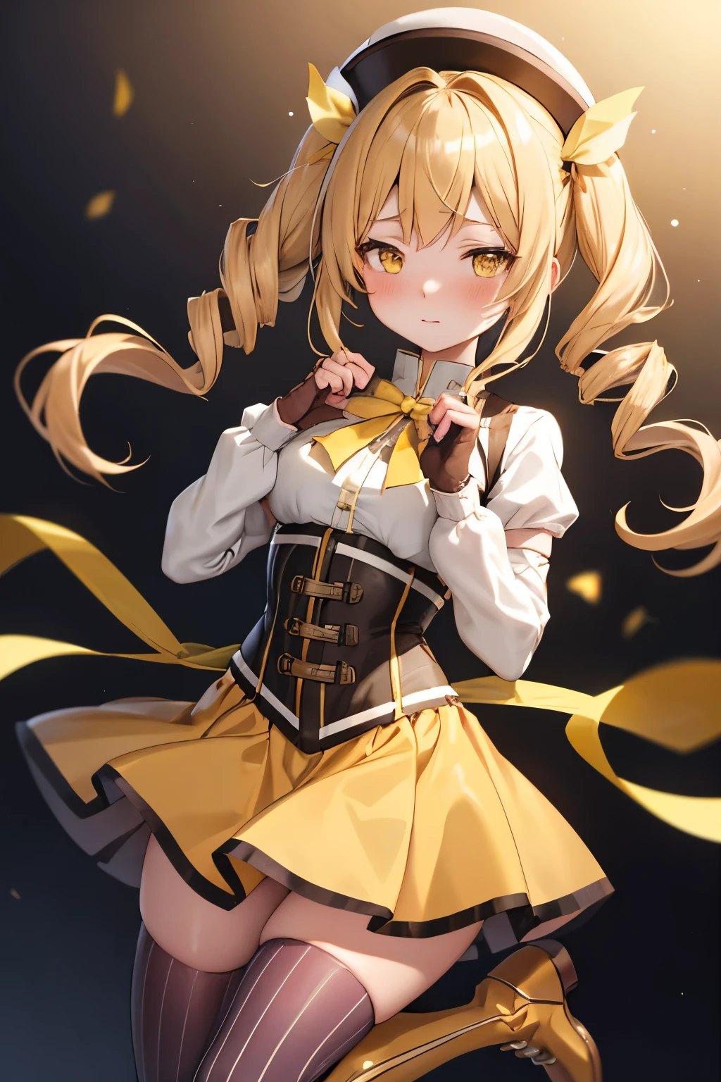 (Highest quality:1.2),  alone, One woman, Tomomi, blonde hair, drill hair, twin drills, (yellow eyes:1.3)、(blush:1.1), Embarrassing, 
boots, brown footwear, brown gloves, corset, detached sleeves, fingerless gloves, gloves, hat, juliet sleeves, knee boots, long sleeves, magical girl, puffy sleeves, skirt, striped, striped thighhighs, thighhighs, thighs, vertical stripes, vertical-striped thighhighs, yellow skirt