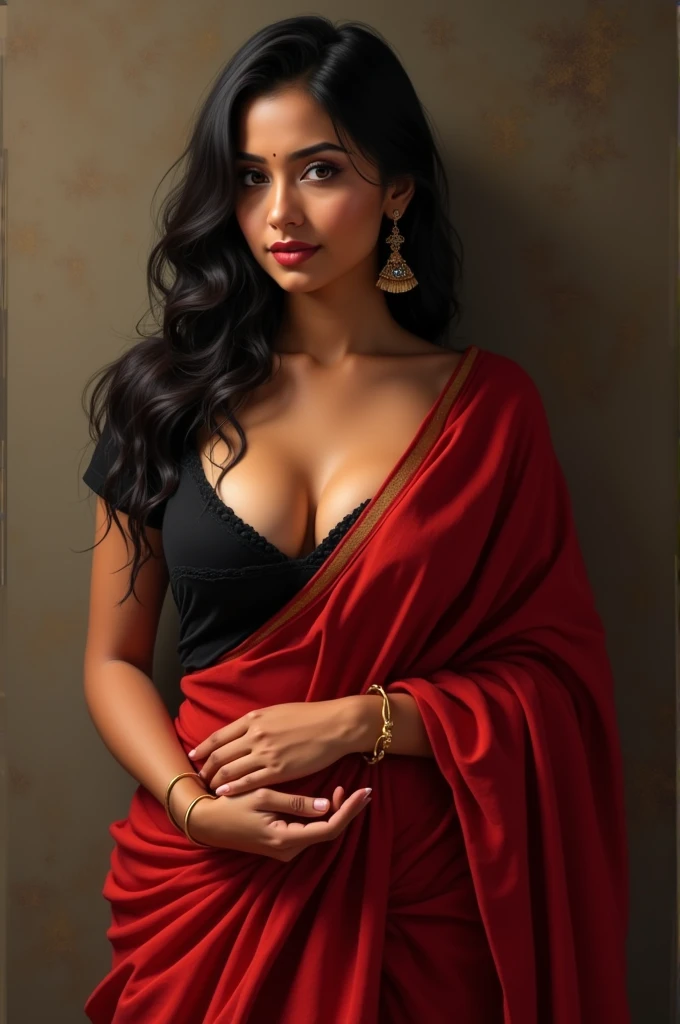 Indian curvy lady with fair skin and brown eyes wearing red saree and black blouse with big cleavage and nipple slip, little bit of her nipple is visible