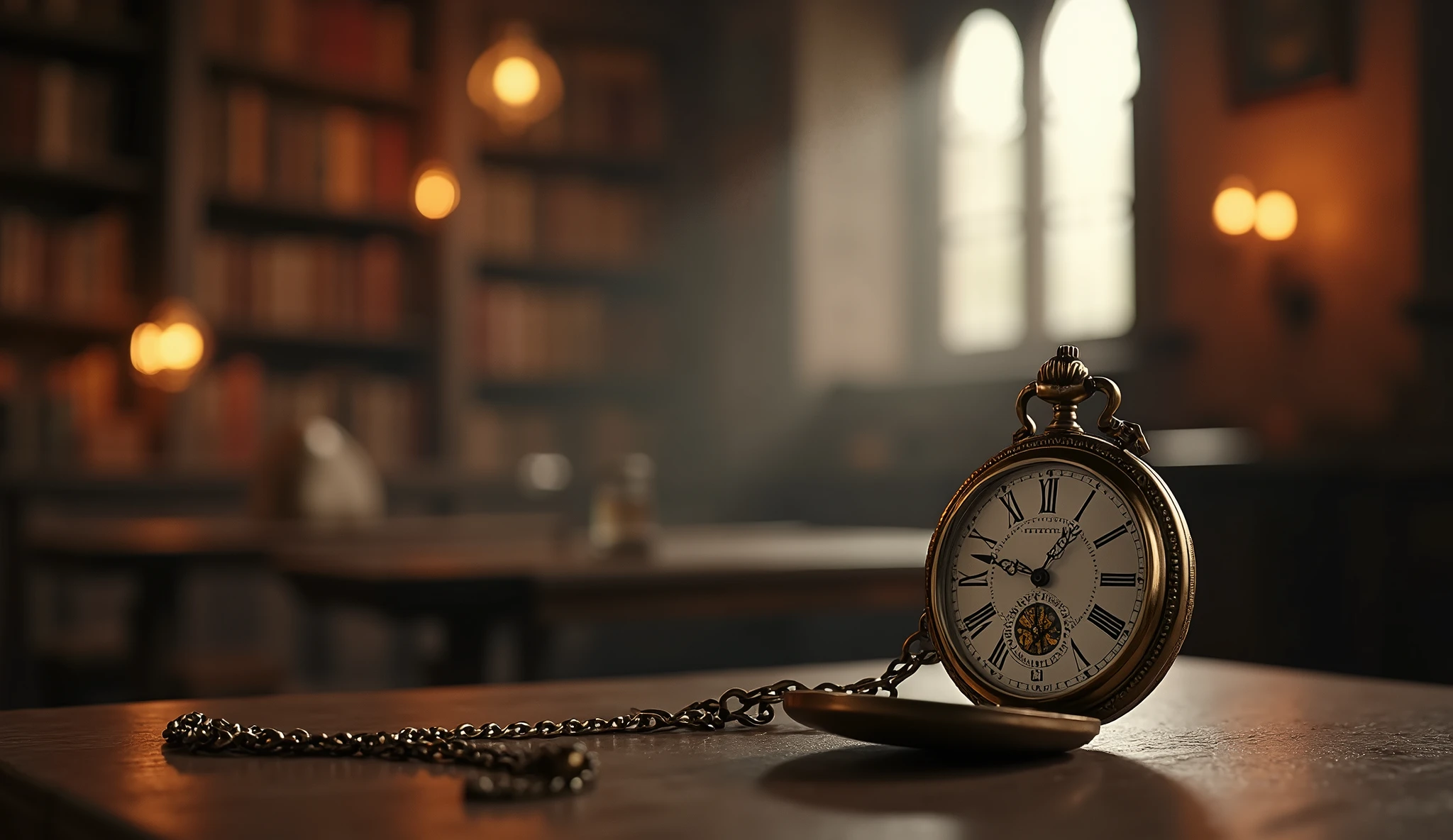Old vintage pocket watch, dramatic scene, backlit led, bokeh f2.8, on the table, in the background the old castle library, in the background of the castle chamber
