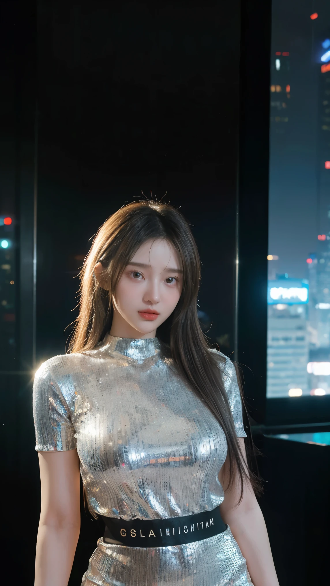 (masterpiece, ultra-realistic, best quality) A futuristic young woman with a slender and athletic build, Hanna Yoojin, wearing a sleek, metallic bodysuit with glowing neon accents. Her short, silver hair is slightly tousled, and her eyes are glowing with a soft blue light. She is (stand pose), confidently. The setting is a futuristic control room with holographic displays and dim ambient lighting. The camera angle is a medium shot with a slight low angle to emphasize her authority. The background has a cyberpunk cityscape with skyscrapers and flying vehicles in the distance. (85mm lens, f/1.4 aperture, cinematic lighting, strong rim light, volumetric fog, bokeh background)