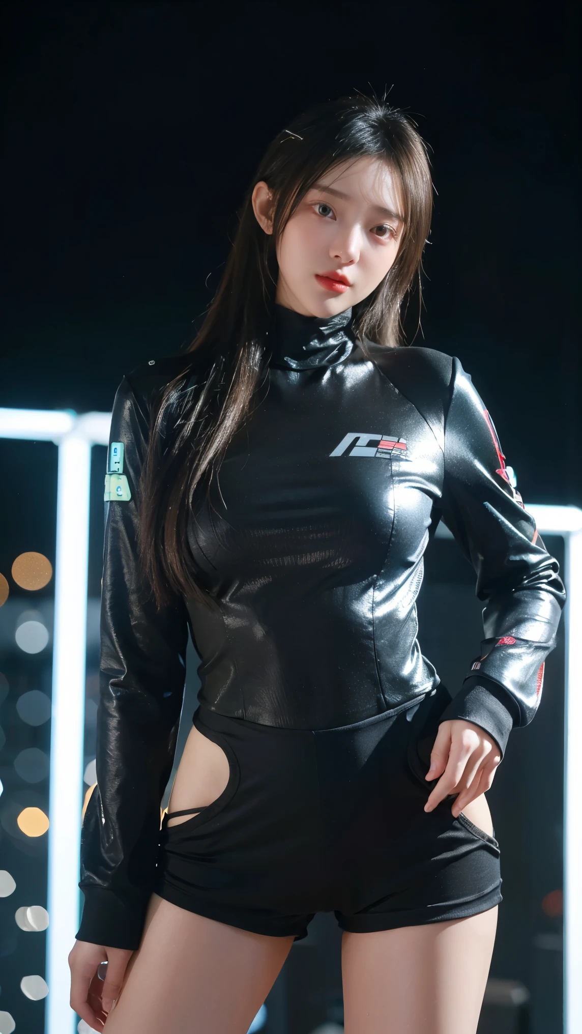 (masterpiece, ultra-realistic, best quality) A futuristic young woman with a slender and athletic build, Hanna Yoojin, wearing a sleek, metallic bodysuit with glowing neon accents. Her short, silver hair is slightly tousled, and her eyes are glowing with a soft blue light. She is (stand pose), confidently. The setting is a futuristic control room with holographic displays and dim ambient lighting. The camera angle is a medium shot with a slight low angle to emphasize her authority. The background has a cyberpunk cityscape with skyscrapers and flying vehicles in the distance. (85mm lens, f/1.4 aperture, cinematic lighting, strong rim light, volumetric fog, bokeh background)