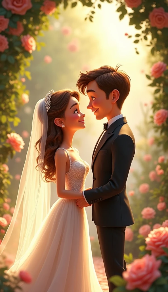 A georgous girl getting married to a handsome guy, pixar style, masterpiece, high-aesthetic, portrait, realistic