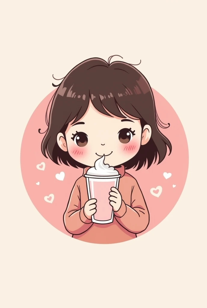 Create a pink round logo of a girl holding a cup of milk tea with text: Lank Milk Tea