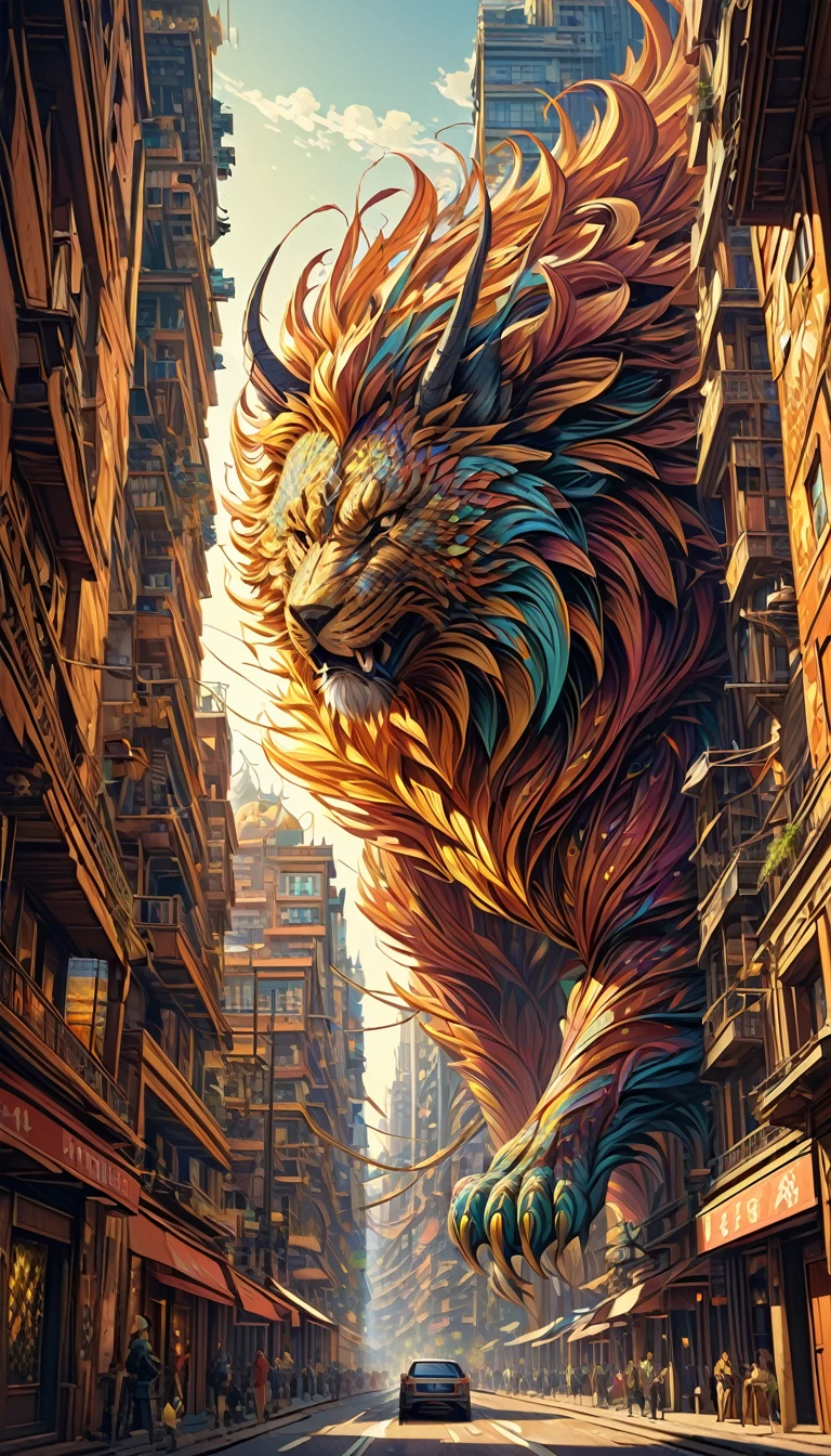 best quality,1girl,fractal art,A stunning Beast jump up between tall buildings inthe city,in the style of structured chaos,goldenpalette,unique yokai illustrations,cryengine,largescale murals,ornate complexity,vivid energy,masterpiece,