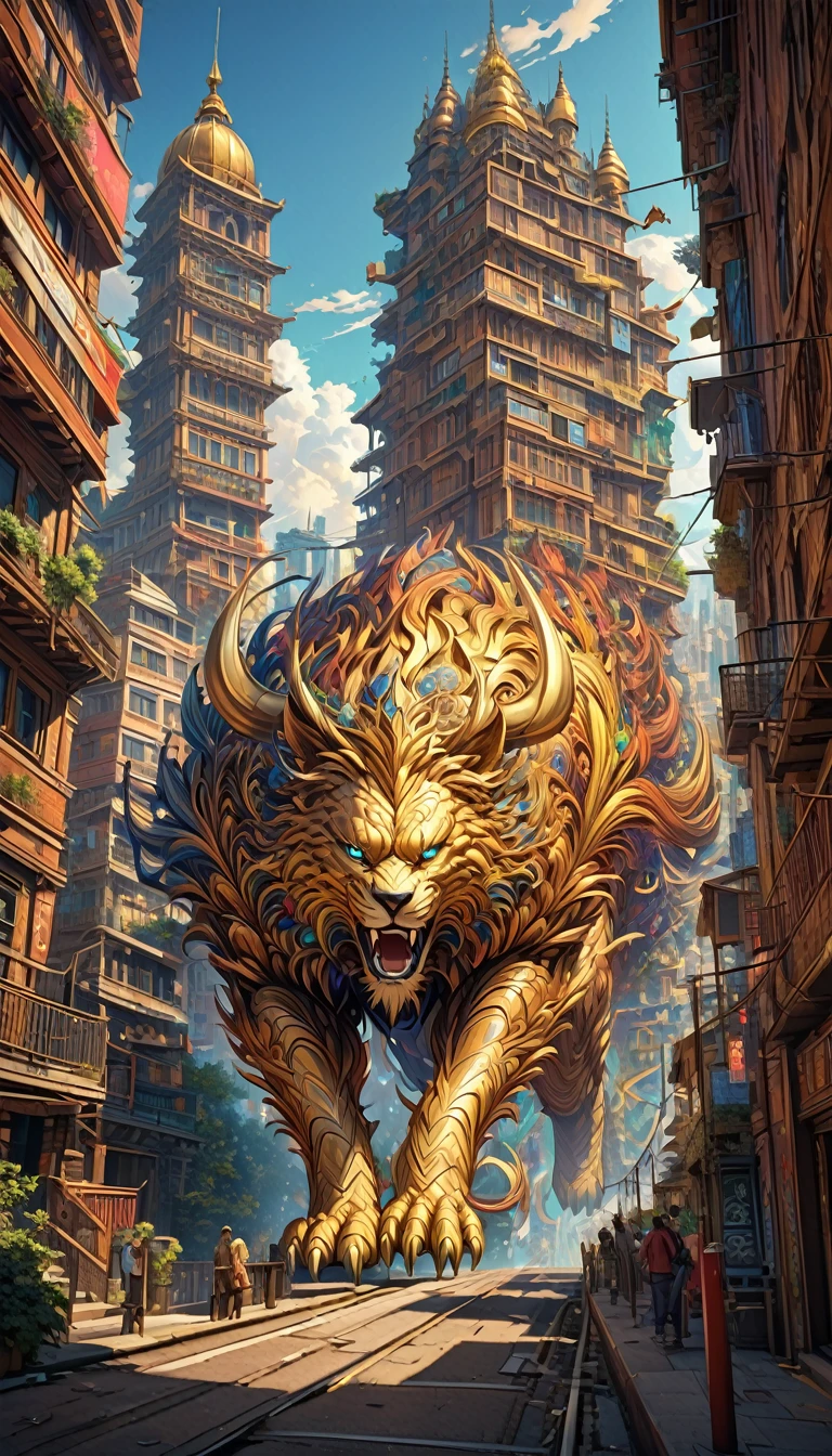 best quality,1girl,fractal art,A stunning Beast jump up between tall buildings inthe city,in the style of structured chaos,goldenpalette,unique yokai illustrations,cryengine,largescale murals,ornate complexity,vivid energy,masterpiece,