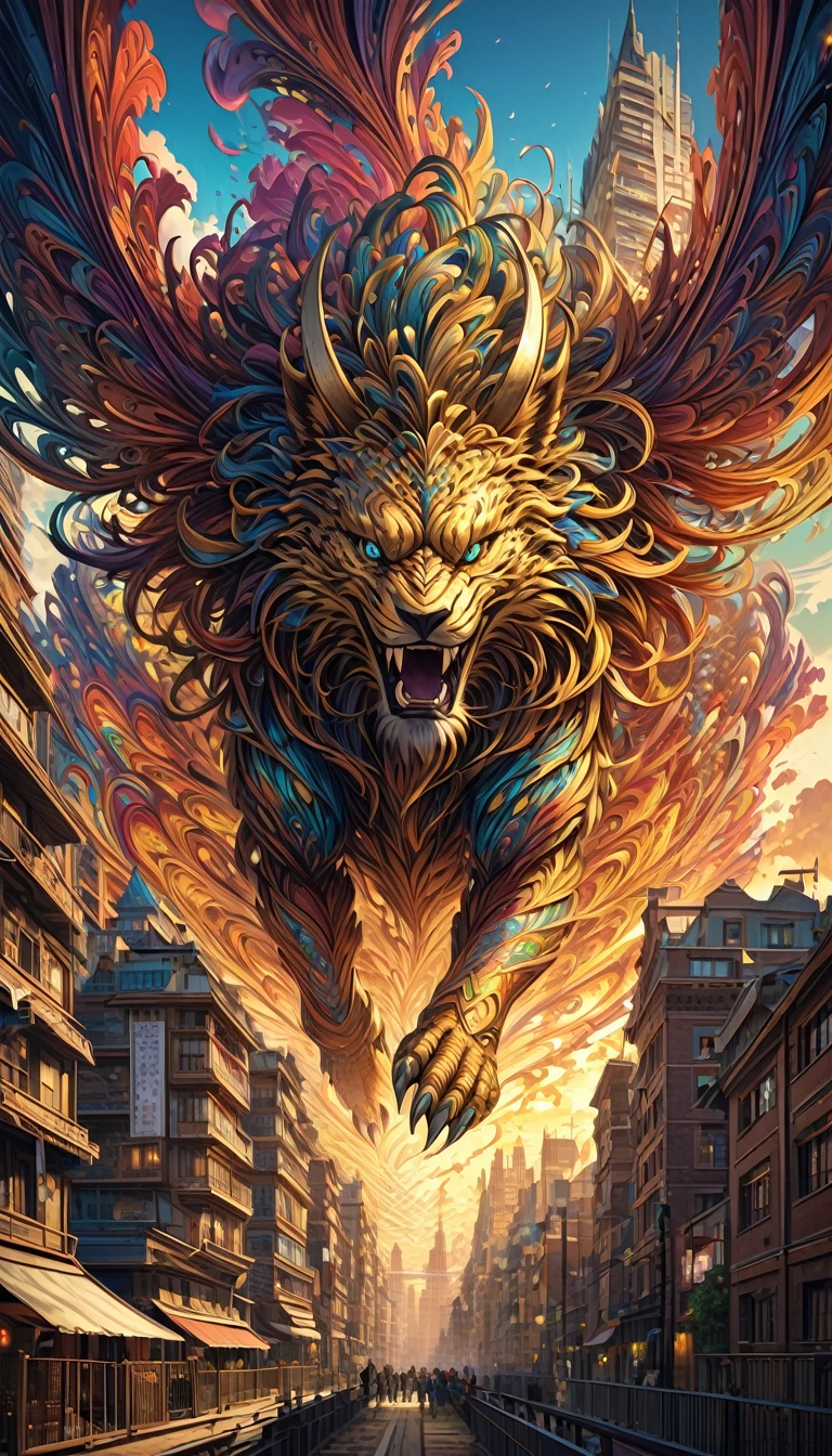 best quality,1girl,fractal art,A stunning Beast jump up between tall buildings inthe city,in the style of structured chaos,goldenpalette,unique yokai illustrations,cryengine,largescale murals,ornate complexity,vivid energy,masterpiece,