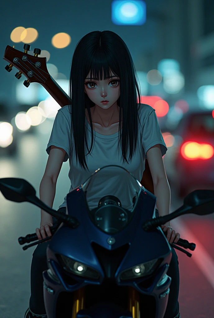 (anime:1.2), beautiful woman, crying, riding a black sport bike, carrying a electric guitar on her back, wearing t-shirt, black pants, long straight black hair, high way, city lights background, light skin, light brown eyes, pointed nose, side post, far angle.