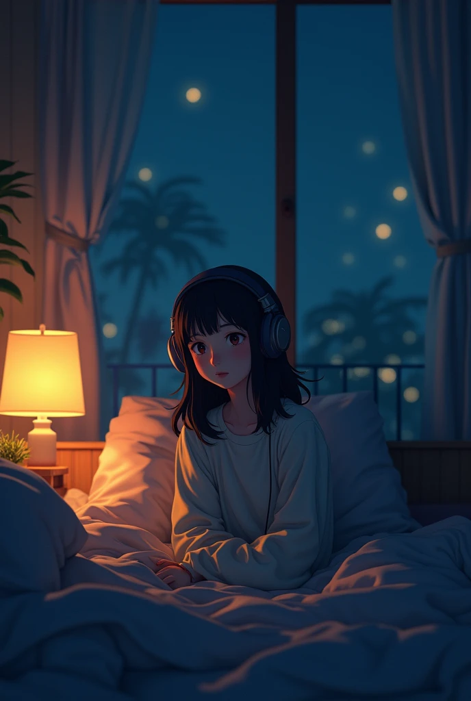 night、Girl listening to music in a cozy room, Using headphones, 2D-style animation, Lo-Fi, hard disk, Dark Environment、Makoto Shinkai style