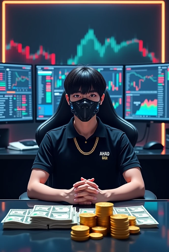 The room is a modern masterpiece, bathed in soft, ambient lighting that creates a serene and sophisticated atmosphere. The sleek design and gentle glow emphasize a high-end, professional environment.
At the heart of this space, a 20-year-old anime man sits in a state-of-the-art ergonomic chair with face mask, wearing a stylish black polo shirt with “AHAD” boldly embroidered on the front. His face is partially obscured by a high-tech, sleek face mask that enhances his enigmatic aura.
The backdrop features an array of ultra-high-definition monitors, each showcasing dynamic trading charts and financial data. The screens display a blend of colorful graphs and shifting numbers, illustrating a fast-paced and high-stakes environment.
In front of him, a glossy glass table is adorned with meticulously arranged stacks of dollar bills and gleaming gold coins. This array of wealth is contrasted by a prominent Bitcoin chain draped around his neck, symbolizing his deep engagement with the cryptocurrency world.
The overall scene radiates modernity and expertise, merging luxury with cutting-edge financial technology. There’s an air of mystery and mastery, as if the room itself is a command center for financial prowess.