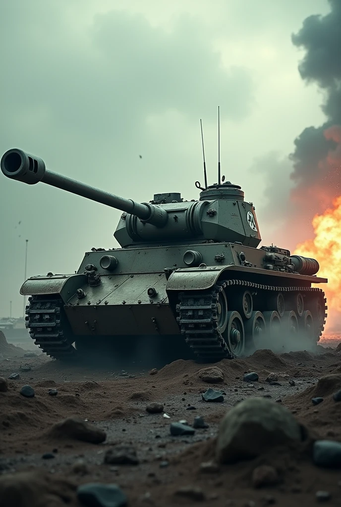 a heavily armored tank from world war 2,war machine,military vehicle,steel armor,treads,turret,gun barrel,battlefield,explosion effects,apocalyptic landscape,cloudy sky,dramatic lighting,digital art,cinematic composition,hyperrealistic,high contrast,muted colors,gritty texture