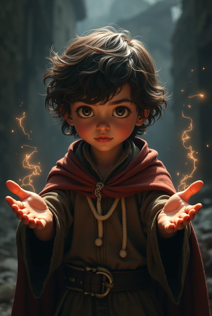 I want you to raise a boy., brown skinned, eyes browns, brown curly hair, slightly wavy, not so long, meio gordinho, but not as much, fomenting a dark magic, although, He is good