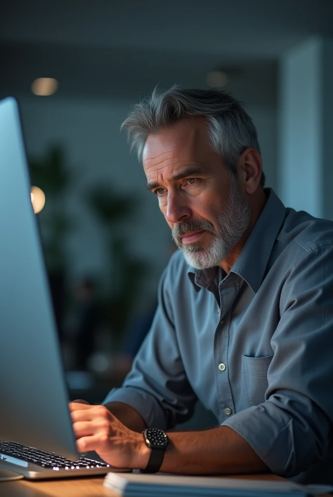 Create an image showing a middle-aged man using a computer or mobile device
