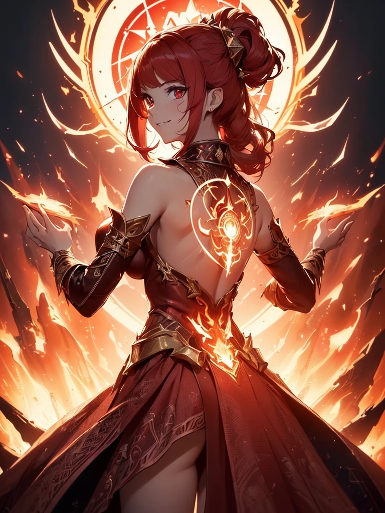 (((best quality, sharp image, clear image, cinematic lighting, 8k resolution, masterpiece, ultra detailed, intricate))) Girl, sorcerer, cute, intricate dress, smiling, fiery red, ((intricate background)), (rune frame), dimension, ((shot from behind)), fire sigils, chaotic background, ((half-body shot))