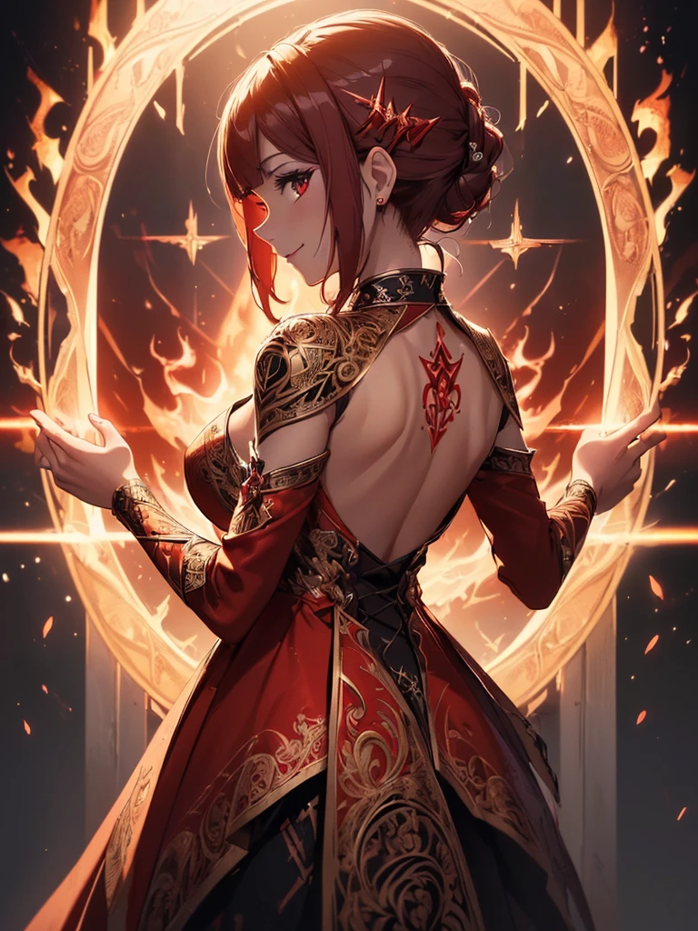 (((best quality, sharp image, clear image, cinematic lighting, 8k resolution, masterpiece, ultra detailed, intricate))) Girl, sorcerer, cute, intricate dress, smiling, fiery red, ((intricate background)), (rune frame), dimension, ((shot from behind)), fire sigils, chaotic background, ((half-body shot))
