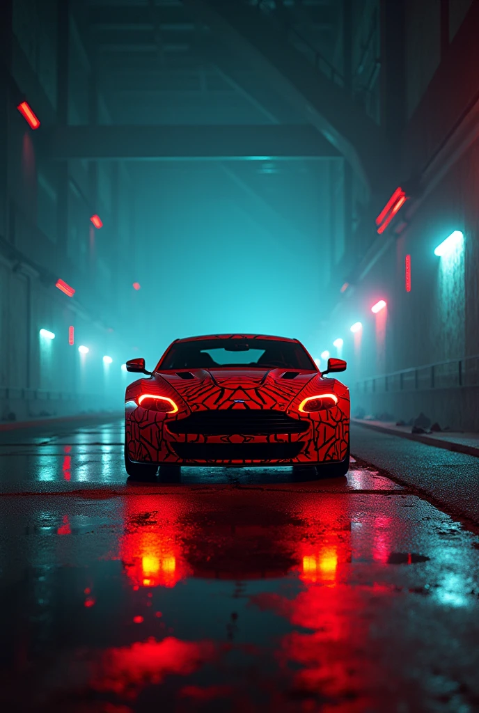 fashion photography, red patterned car, daytime, outdoor setting, blurred surroundings, Eye-level shot, straight angle, centered subject, beneath the city in the techno catacombs, laser lighting, sharp focus, Tarot Card style, cinematic sensual, shot on Nikon Z7 with Nikon Z 70-200mm f-2.8 VR S, photo by Robert Capa