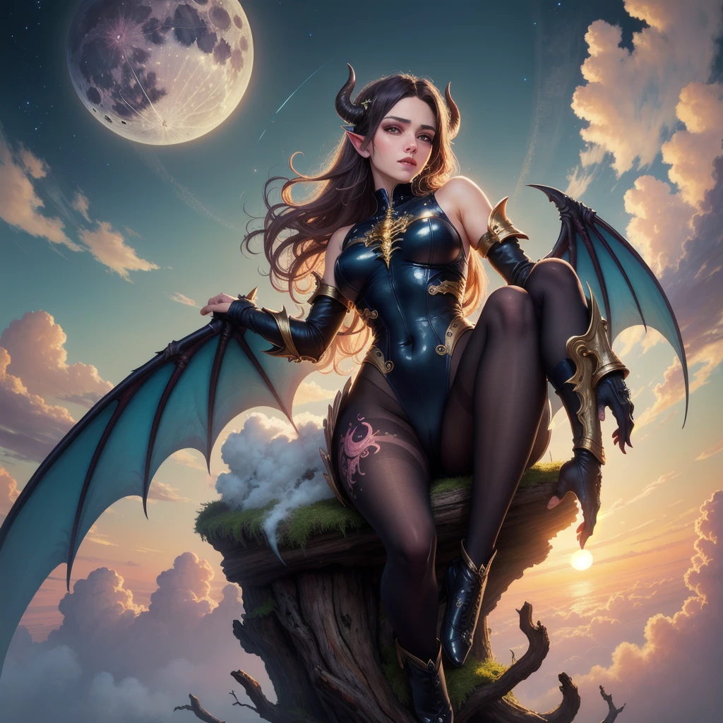((best quality)), ((masterpiece)), (detailed), succubus, ethereal beauty, perched on a cloud, (fantasy illustration:1.3), enchanting gaze, leotard, pantyhose, stockings, bodysuit, captivating pose, delicate wings, otherworldly charm, mystical sky, large moon, moonlit night, soft colors, (detailed cloudscape:1.3), (high-resolution:1.2), from below, (rating_explicit), (score_9, score_8_up, score_7_up, score_6_up, score_5_up, score_4_up, high res, 4k)