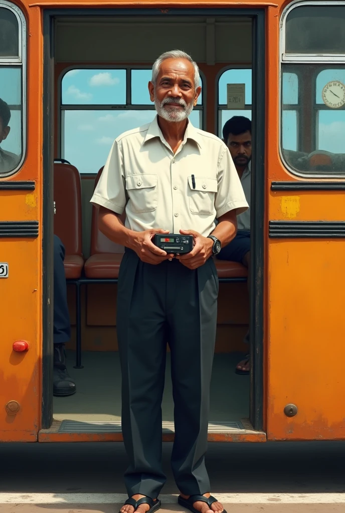 Srilankan middle age bus conductor in front a bus with white shirt ,black trouser, black slippers and ticket machine 