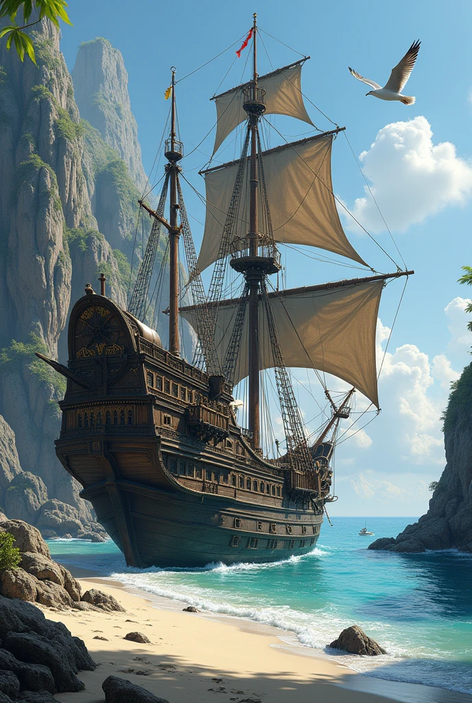 old spanish galleon ship on beach with stranded sea rocks and 2 seagulls