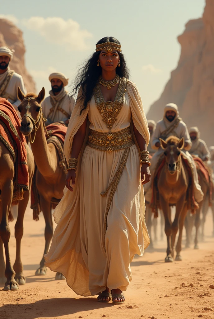 Create a realistic and detailed image of Queen Makeda, the Queen of Sheba, traveling with her grand caravan. The scene should depict a large caravan of camels and donkeys carrying goods, supplies, and gifts. The Queen is surrounded by royal guards, servants, and attendants. Musicians and entertainers are also part of the entourage, providing music and performances. Luxurious tents are set up at a rest stop, with rich fabrics and comfortable furnishings. The landscape should reflect the arid regions of ancient Arabia and Africa, with a backdrop of desert and distant towns, her outfit should white brownish cotton dress.