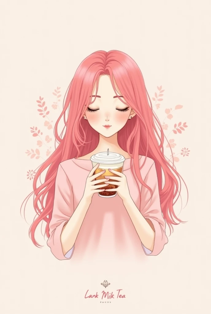 Create a pink round logo of a long-haired girl holding a cup of milk tea with text: Lank Milk Tea