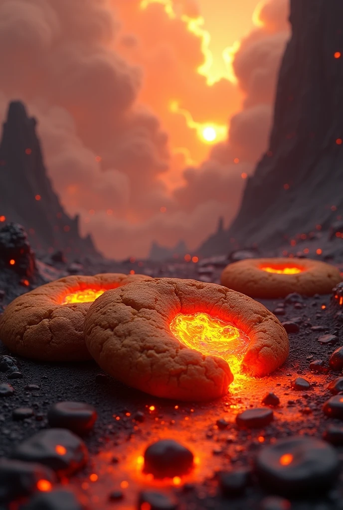 Image of some incredible cookies made of lava, if possible you can make them so that they have lava inside and an incredible background 