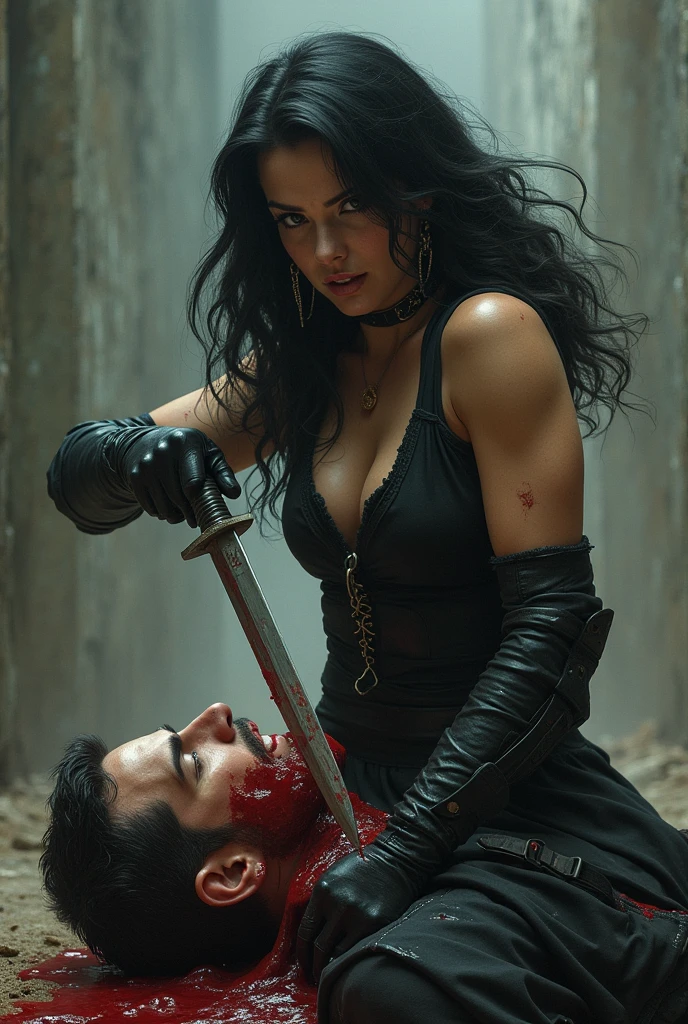 Realistic, A very beautiful executioner superheroine girl knife, cut throat A boy prisoner blindfold neck bloody splashed, full body, wide open throat, throat contents