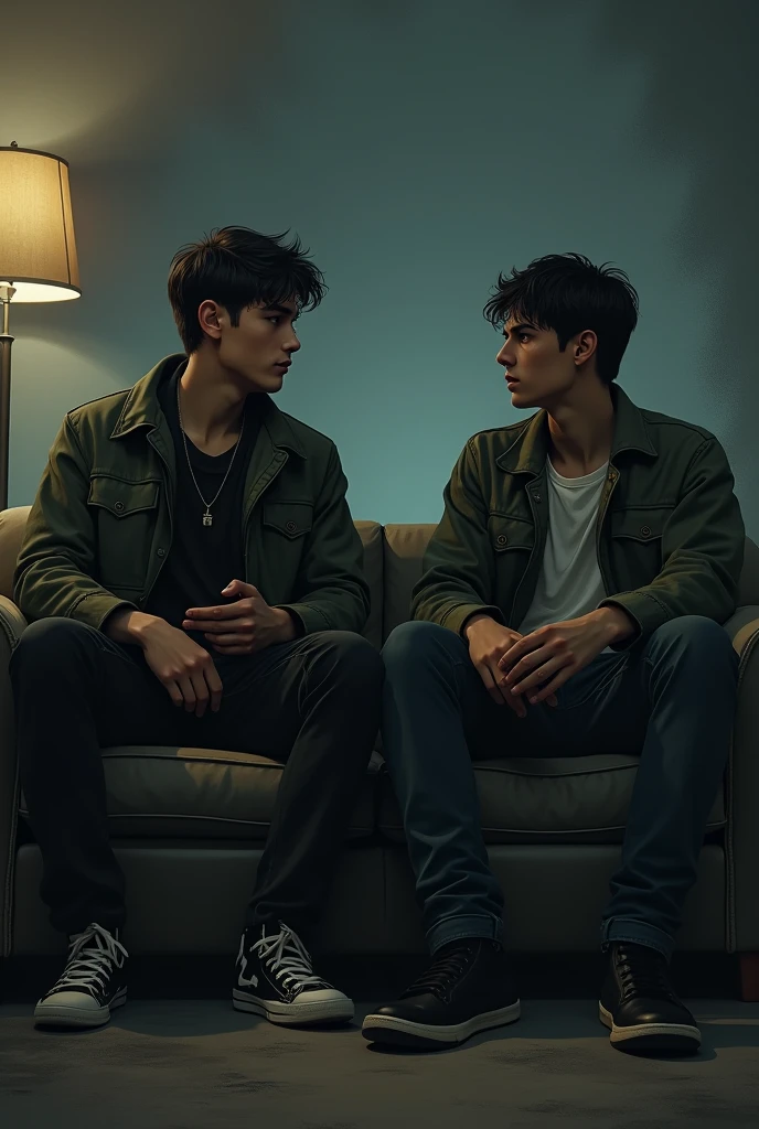 two young male friends talking on the couch gangsters

