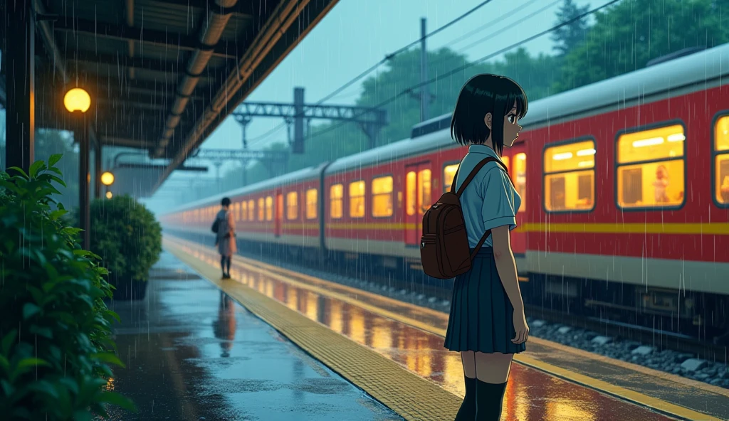 2d anime, 90s century station, 90s century train, 90 century girl, train at japanes station, rainy evening, girl wear school uniform, waiting for train, pleasant environment, greenri everywhere, a light raning, red an yellow train
