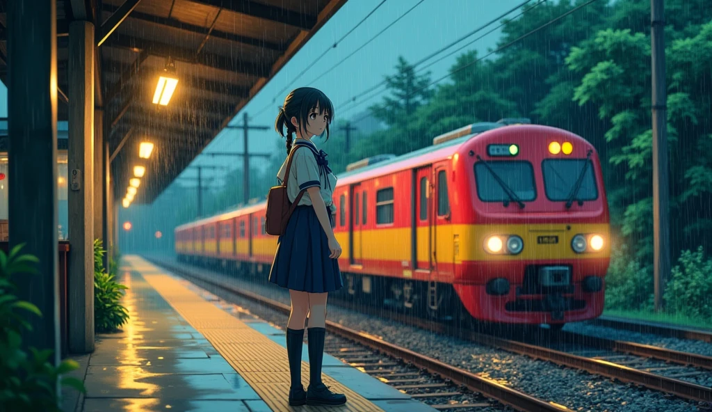 2d anime, 90s century station, 90s century train, 90 century girl, train at japanes station, rainy evening, girl wear school uniform, waiting for train, pleasant environment,  greenri everywhere, a light raning, red an yellow train
